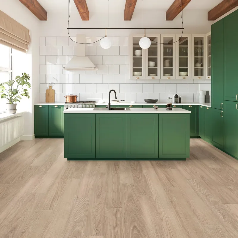 LuxuryVinyl-Inspiration Medium toned luxury vinyl flooring in modern kitchen with green cabinets | Pilot Floor Covering