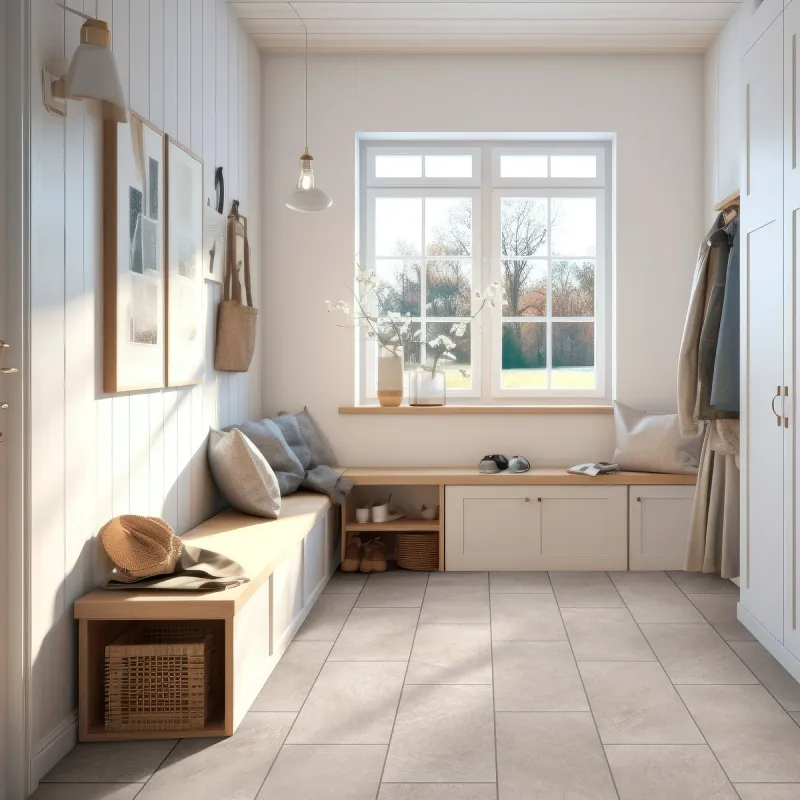 Tile in foyer with cabinets for shoes and coats | Pilot Floor Covering