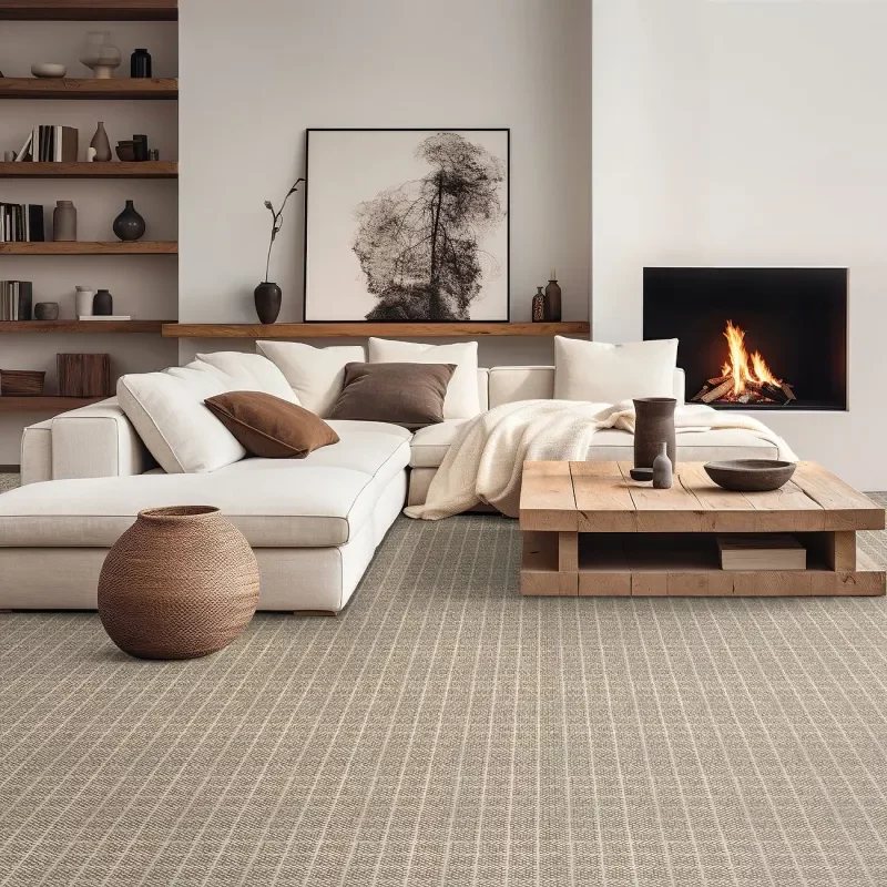 Patterned carpet in modern living room with a fireplace | Pilot Floor Covering